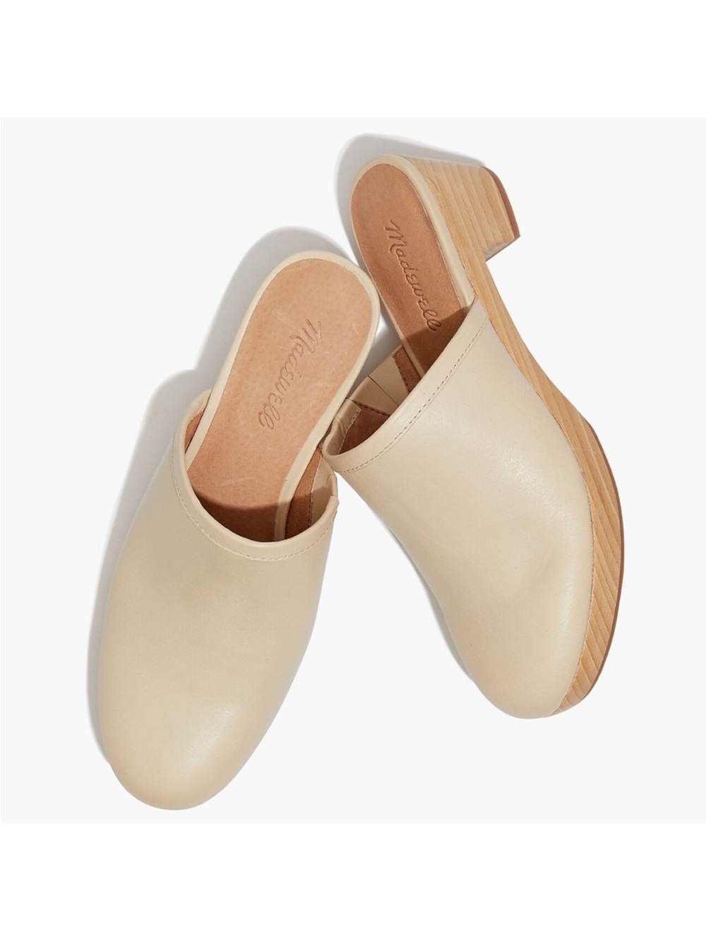 Madewell Beige Leather Slip-On Clogs with Wood-Look Heel